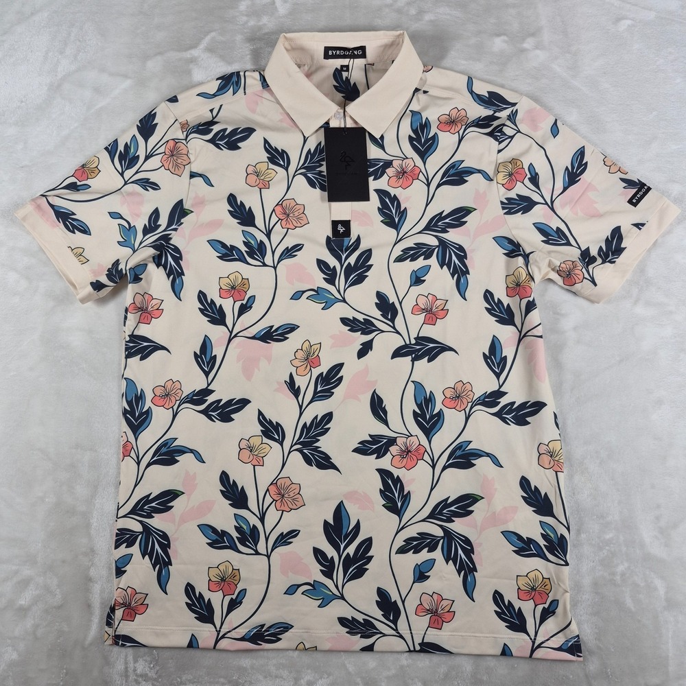 Byrd Gang Polo Shirt Men's Medium Beige Floral Performance Golf Stretch NWT